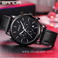 SANDA 1034 Business Mens Luxury Watch Waterproof Three-eye Six-pin Casual Men Quartz Leather Watch